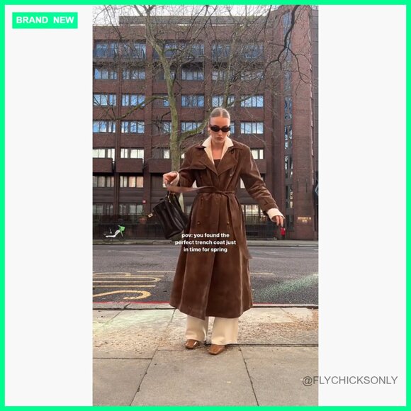 Faux Suede Long Trench Coat Notched Lapel Double Breasted Pea Coat with Belt - Picture 7 of 7